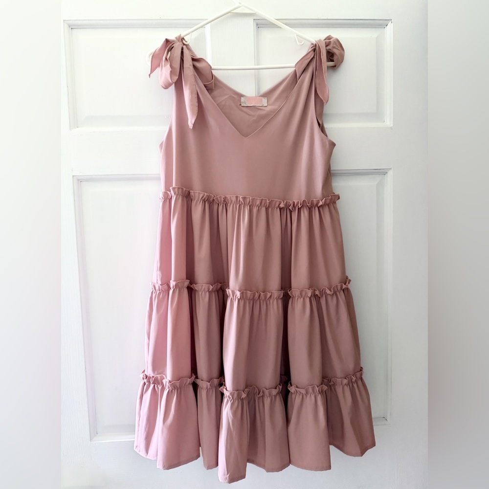 Boutique Blush Pink Tie-Shoulder Tiered Dress- Size Small